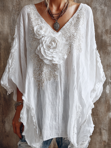 Top de mujer con cuello en V y estampado retro de rosas blancas con destellos 