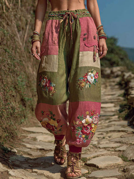 Pantalones casuales retro bohemios con estampado floral bordado para mujer 