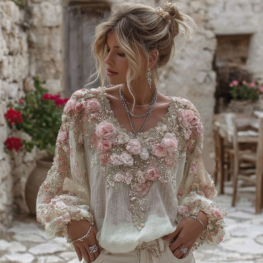 Women's Vintage Pink Rose Embroidery Art Round Neck Linen Blend T-shirt