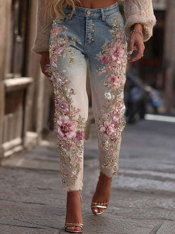 Jeans casuales para mujer con bordado floral vintage degradado 
