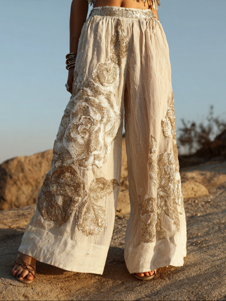 Pantalones largos holgados de pierna ancha para mujer, de algodón y lino, con bordado tridimensional de rosas de estilo bohemio. 