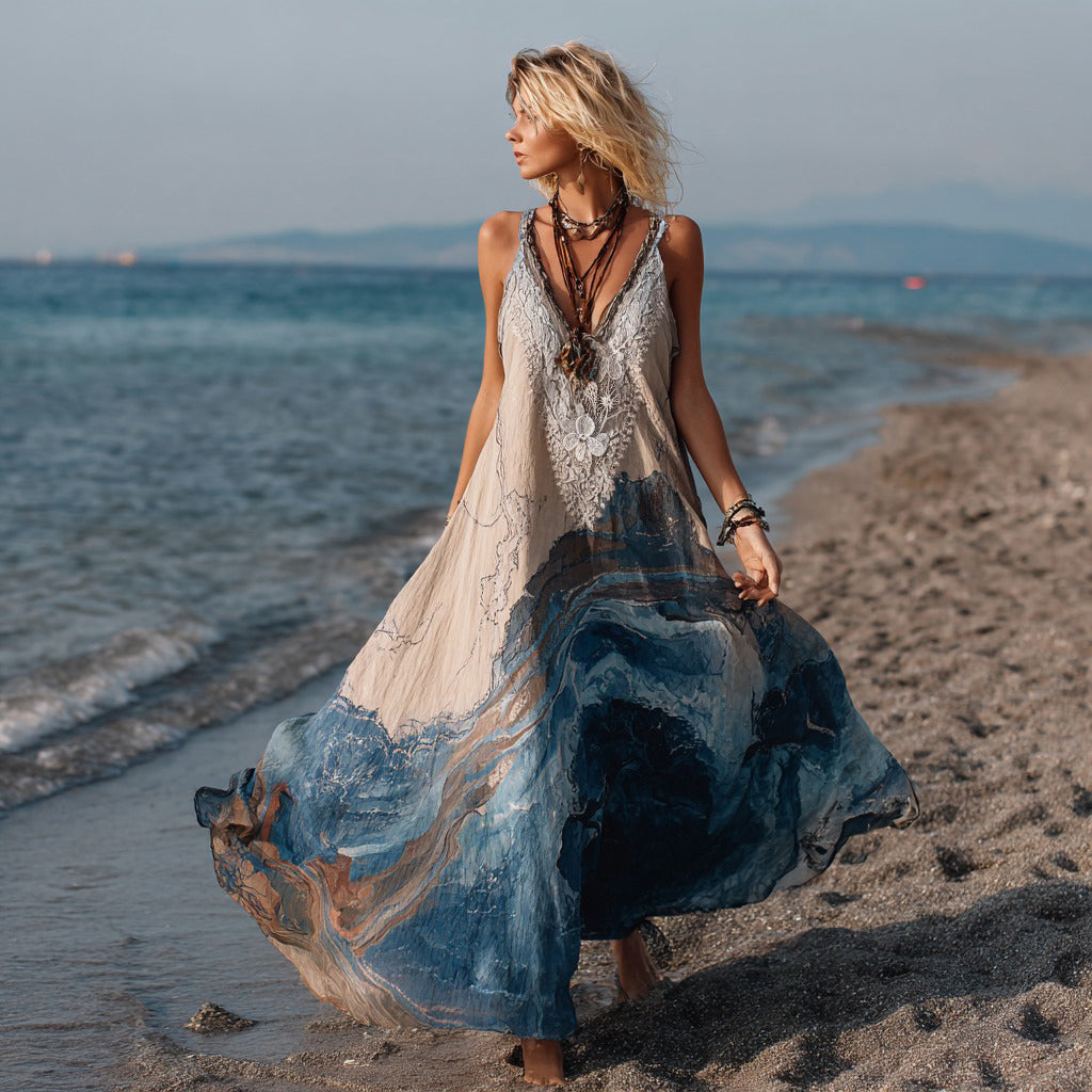 Vestido largo de lino con textura de mármol vintage, estilo bohemio retro para mujer, con degradado dorado. 