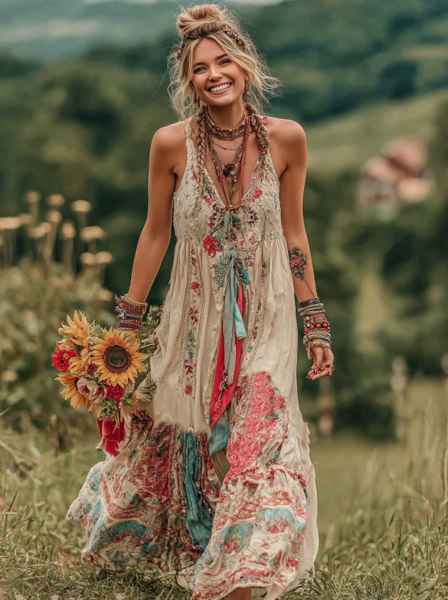 Vestido largo sin mangas cómodo con estampado floral bohemio para mujer 