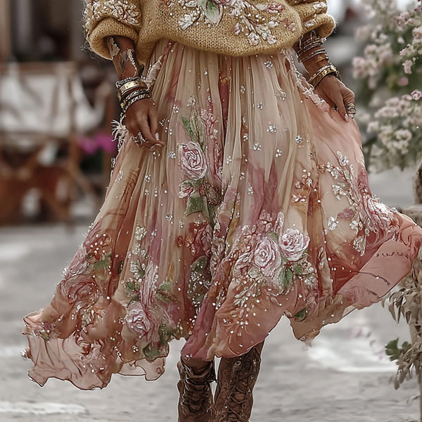 Vintage Rose In Gradient Yellow Art Cozy Knit Turtleneck Sweater And Linen Skirt Two-piece Set