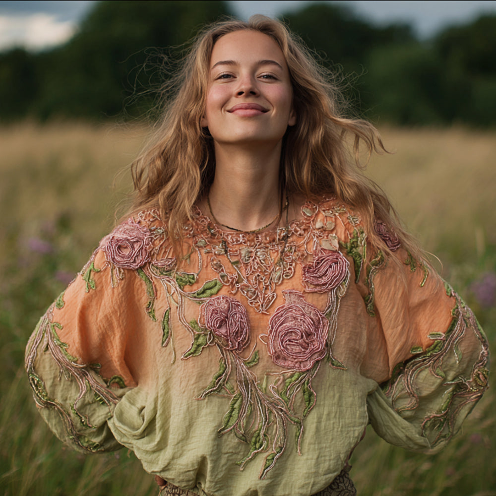 Vestido de manga larga con cuello redondo y bordado floral tie-dye para mujer. 