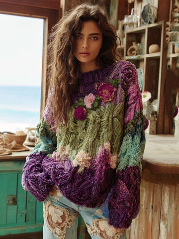 Suéter bohemio de punto grueso con contraste floral de ganchillo para mujer 