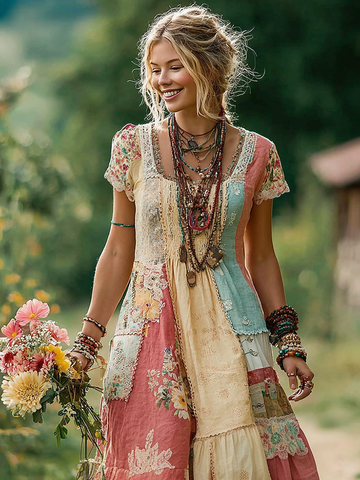 Vestido largo de manga corta con cuello redondo y estampado floral color block para mujer 