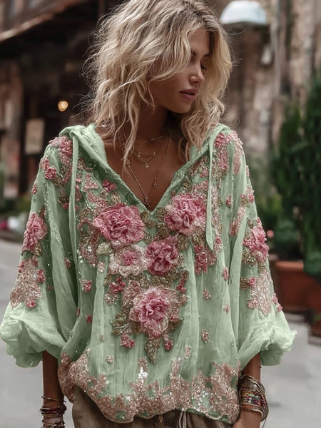 Sudadera con capucha de cuello en V cálida y bordada floral vintage para mujer 