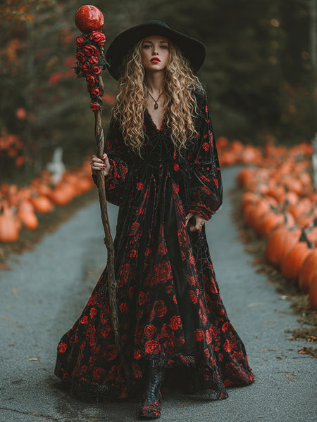 Vestido largo de terciopelo cómodo con estampado clásico de rosas y telarañas para mujer, ideal para Halloween. 