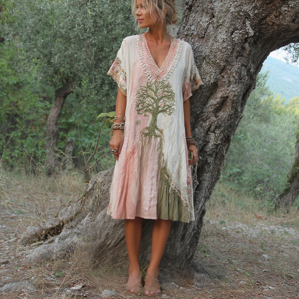 Vestido midi de manga corta con estampado retro del árbol de la vida para mujer 