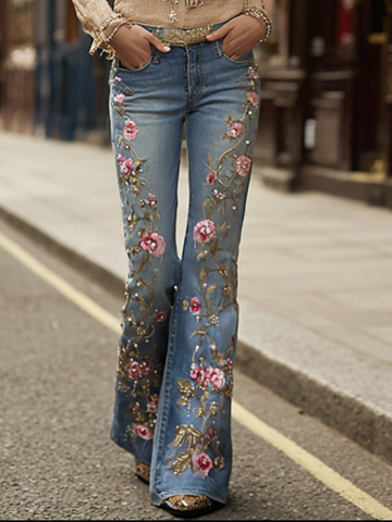 Bohemian Style Women's Plant Flower Embroidery Loose Fit Wide Leg Straight Leg Denim Long Pants