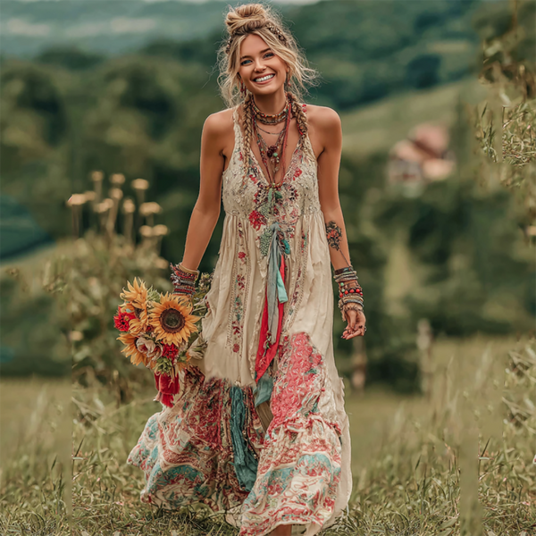 Vestido largo sin mangas cómodo con estampado floral bohemio para mujer 