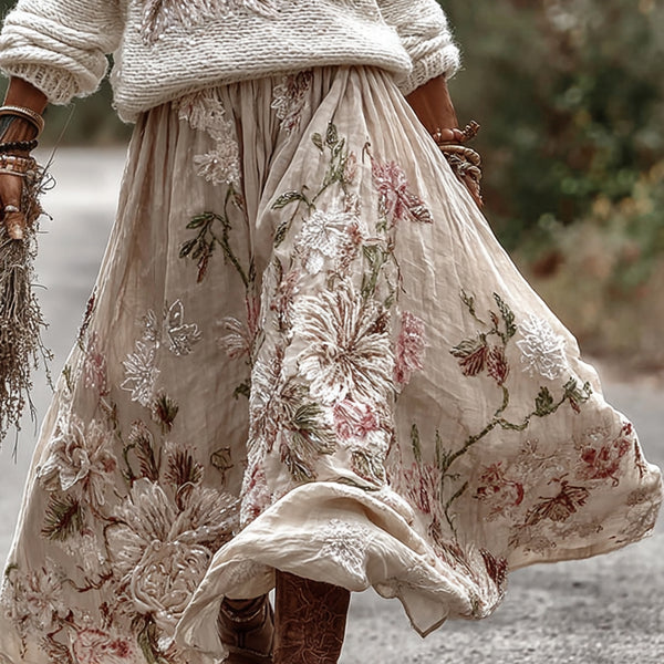 Vintage Rose Art Cozy Knit Turtleneck Sweater And Linen Skirt Two-piece Set