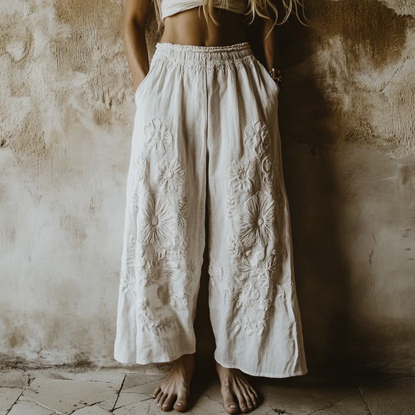 Pantalones casuales de pierna ancha con bordado floral para mujer 