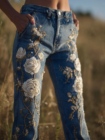 Bohemian Style Women's Plant Flower Embroidery Loose Fit Wide Leg Straight Leg Denim Long Pants