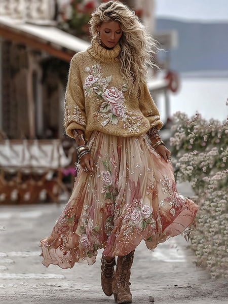 Vintage Rose In Gradient Yellow Art Cozy Knit Turtleneck Sweater And Linen Skirt Two-piece Set