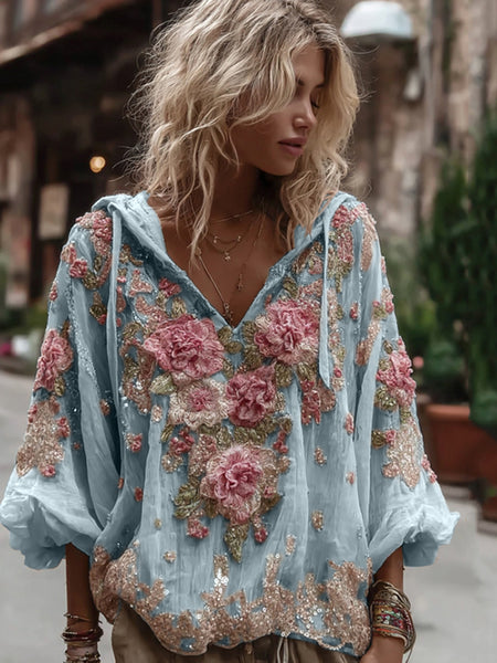 Sudadera con capucha de cuello en V cálida y bordada floral vintage para mujer 