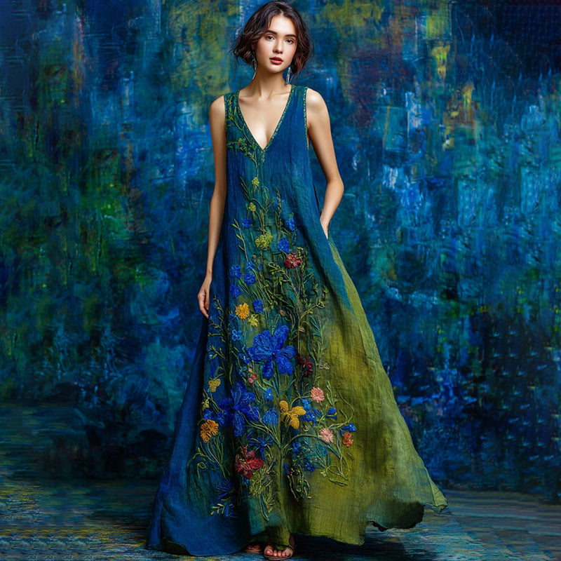 Vestido largo sin mangas de lino con bordado floral vintage en contraste 