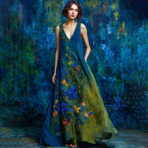 Vestido largo sin mangas de lino con bordado floral vintage en contraste 