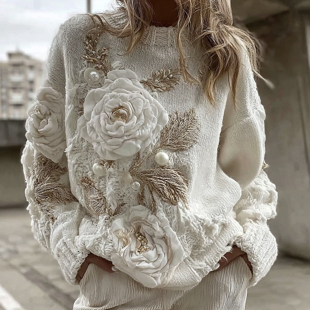 Women's Vintage White Rose Chunky Knit Turtleneck Sweater