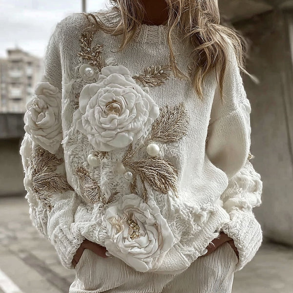 Women's Vintage White Rose Chunky Knit Turtleneck Sweater