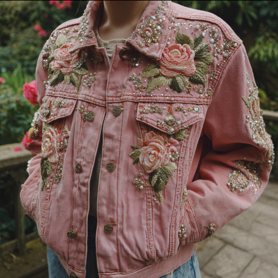 Bohemian Style Rose Embroidery Women's Retro Casual Denim Jacket