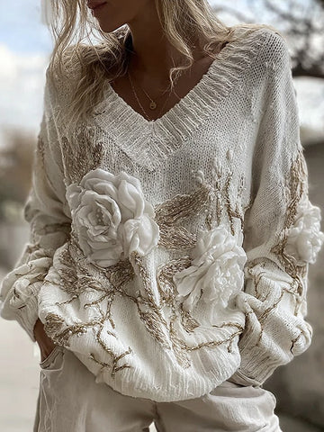 Suéter vintage de punto grueso con cuello en V y rosas blancas para mujer 