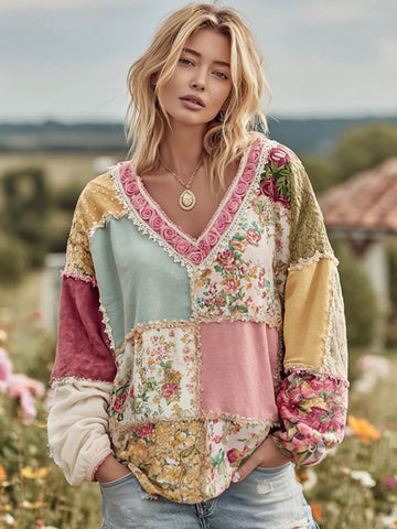 Sudadera cálida y cómoda para mujer con estampado floral vintage de patchwork 