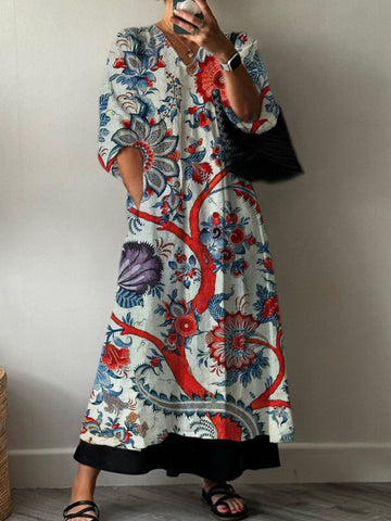 Robe en coton à imprimé floral vintage bohème pour femme, avec poches et col en V 