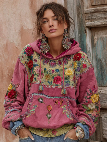 Sudadera vintage bohemia de manga larga con bordado floral y patchwork para mujer 