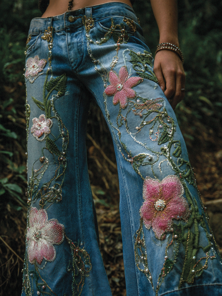 Pantalones vaqueros largos de mujer estilo bohemio con bordado de flores y plantas, corte holgado, pierna ancha y rectos. 
