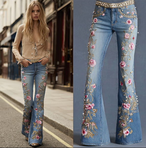 Pantalones vaqueros largos de mujer estilo bohemio con bordado de flores y plantas, corte holgado, pierna ancha y rectos. 