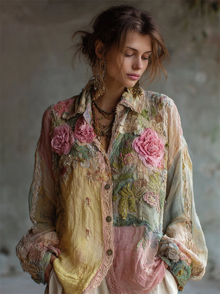 Chemisier en lin brodé de roses roses bohèmes et de dentelle colorblock. 