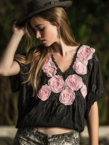 Vintage Pink Roses Embroidered V Neck Linen Shirt