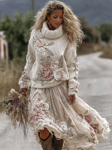 Classic Rose Art Cozy Knit Turtleneck Sweater And Linen Skirt Two-piece Set