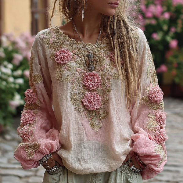 Top informal de manga larga con cuello redondo y bordado floral tie-dye de estilo bohemio 