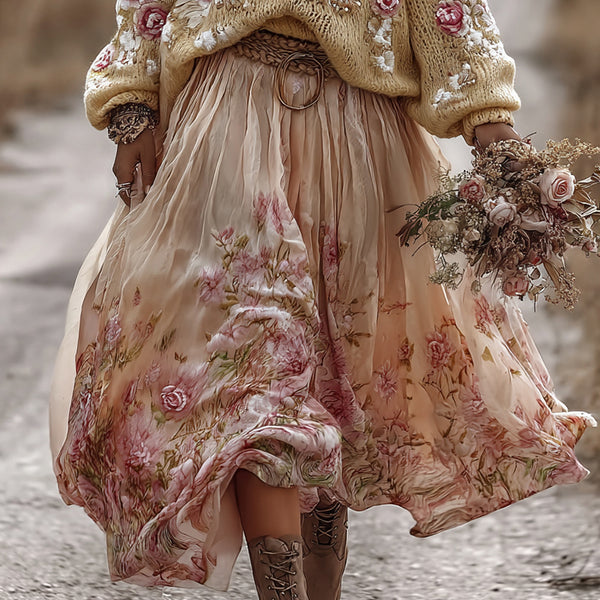 Classic Rose In Gradient Yellow Art Cozy Knit Round Neck Sweater And Linen Skirt Two-piece Set