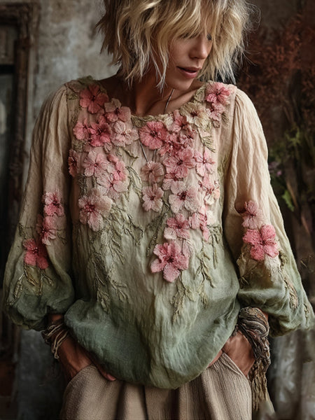 Vintage Cherry Blossom Gradient Linen Long Sleeve Shirt