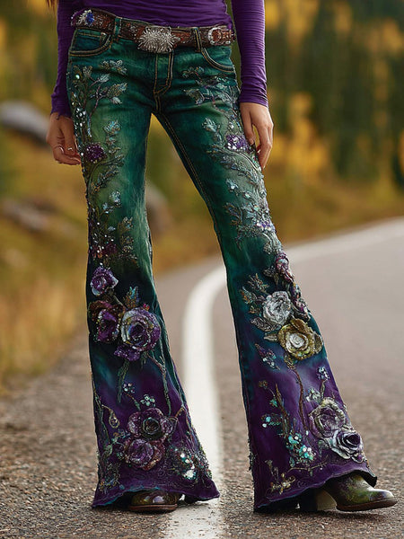 Pantalones vaqueros rectos acampanados con estampado degradado floral bordado para mujer 