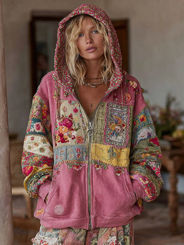 Sudadera con cremallera y bordado floral vintage para mujer 