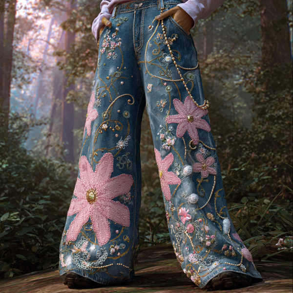 Pantalones vaqueros largos de mujer estilo bohemio con bordado de flores y plantas, corte holgado, pierna ancha y rectos. 