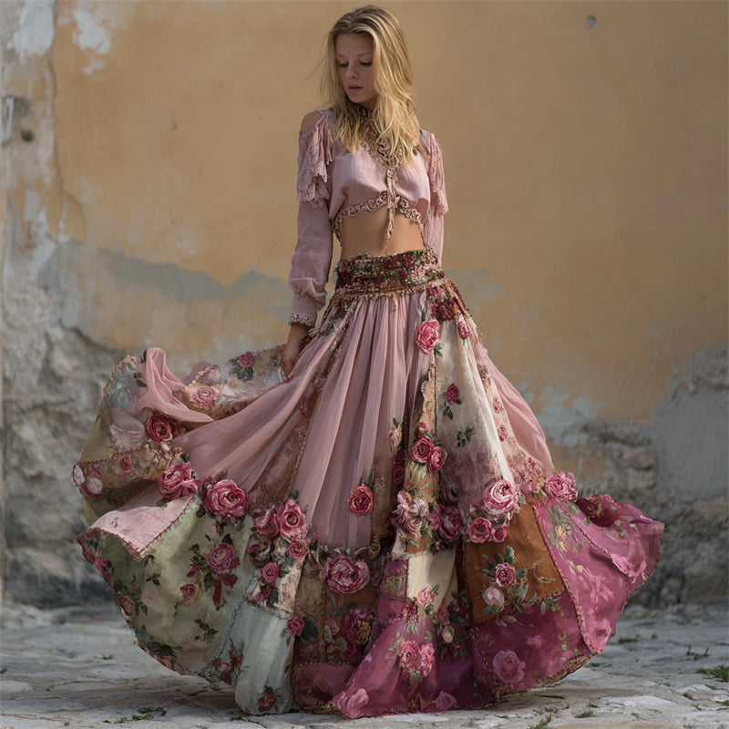 Falda ancha fluida estilo boho con bordado de rosas rosas y patchwork floral 