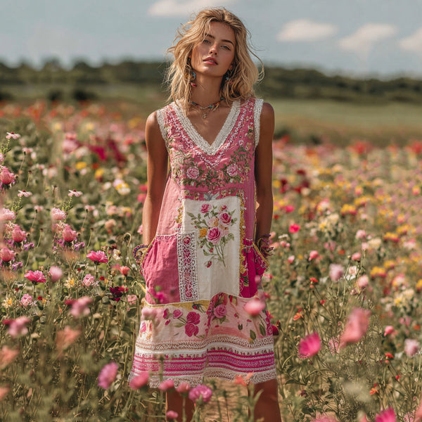 Vestido midi de mujer con patchwork de rosas bordadas 