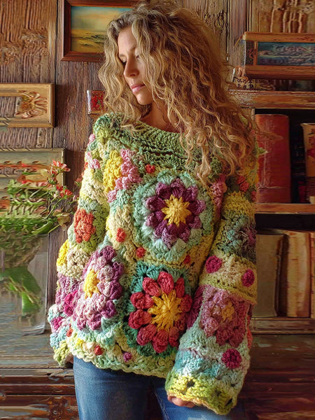 Suéter bohemio de punto grueso con flores de ganchillo para mujer 