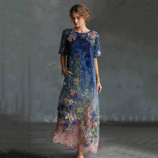 Women's Oil Painting Floral Contrast Color Sequined Maxi Dress