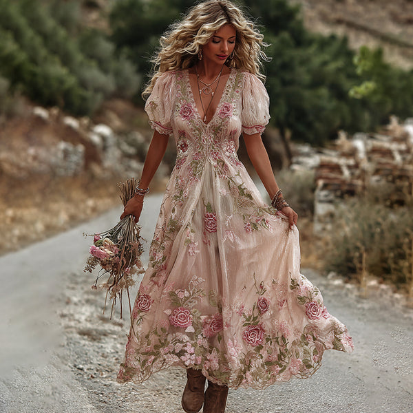 Women's Vintage Rose Embroidery Art Comfy Linen Maxi Dress