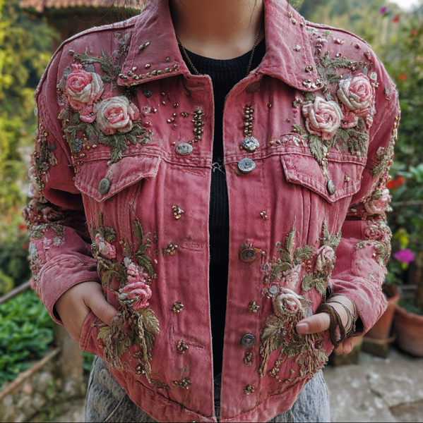 Chaqueta vaquera informal retro para mujer con bordado de rosas de estilo bohemio 