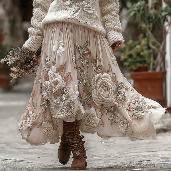 Vintage Rose In White Art Cozy Knit Turtleneck Sweater And Linen Skirt Two-piece Set