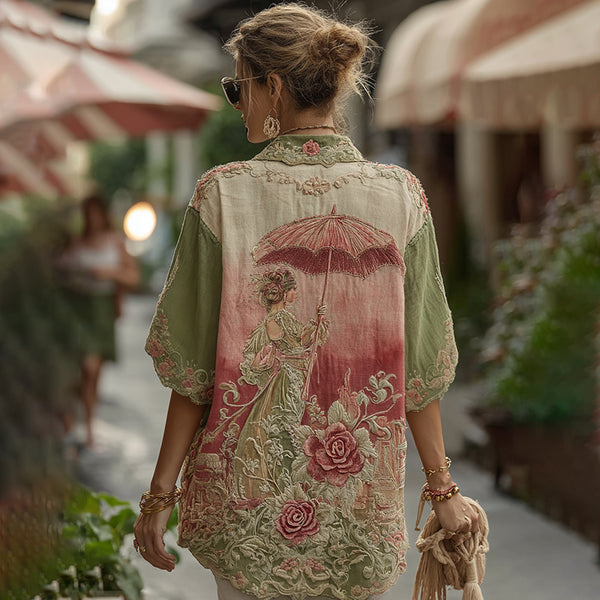 Camisas de lino con solapa de la colección Amor y Salud con diseño clásico de rosas y flores 