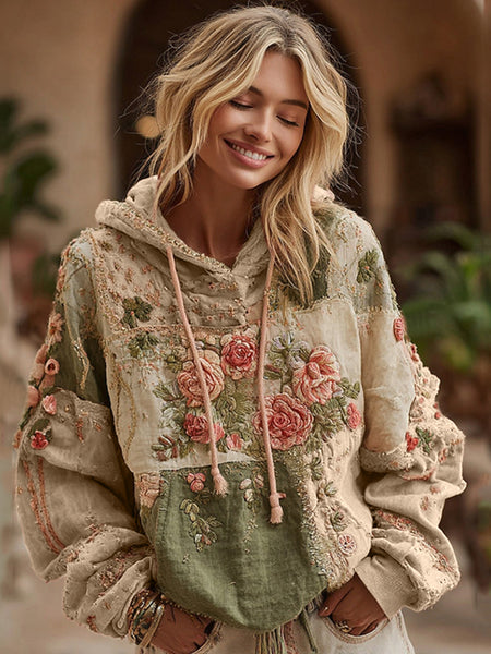 Sweat à capuche patchwork brodé de roses pour femme 